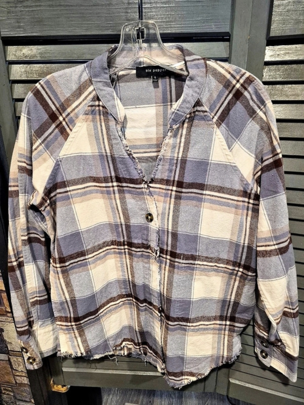 Blu Pepper Plaid Button Down Shirt Blue & Brown Size Small